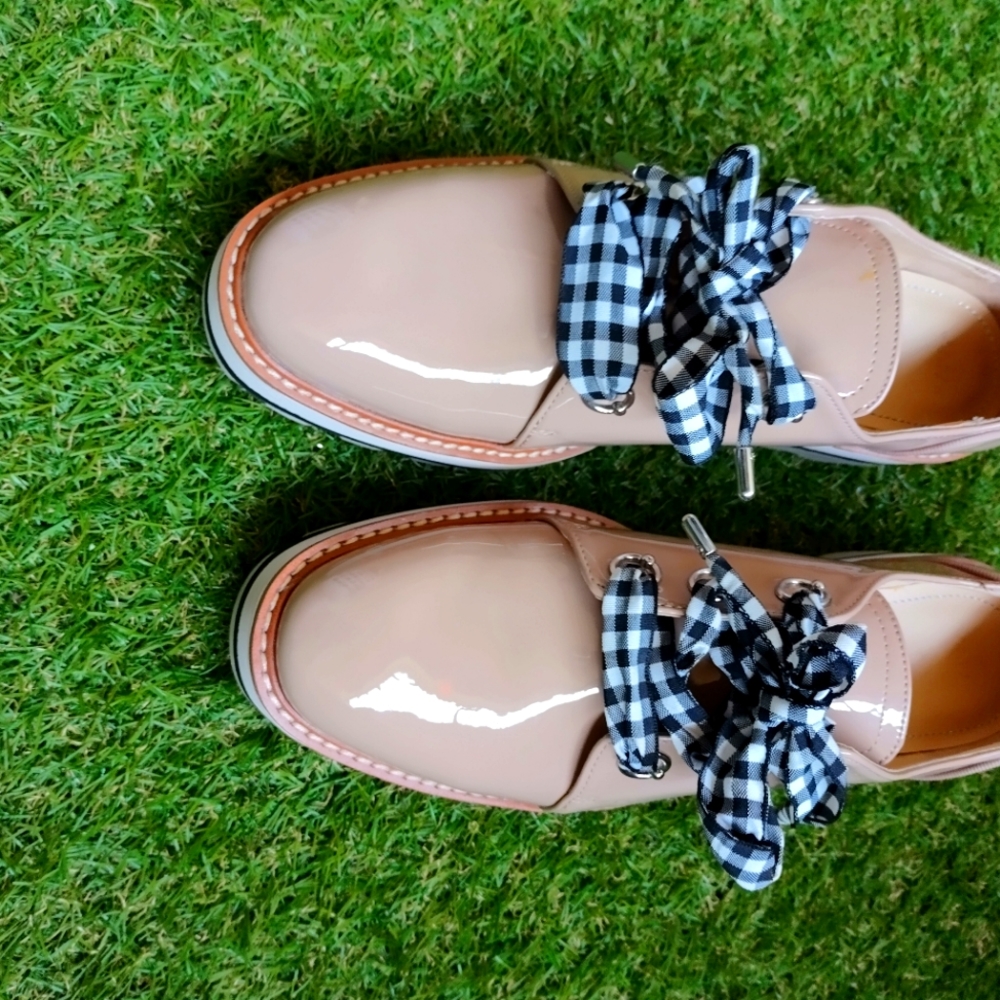 Zara Faux Patent Leather Derby Platform Oxfords Gingham Laces